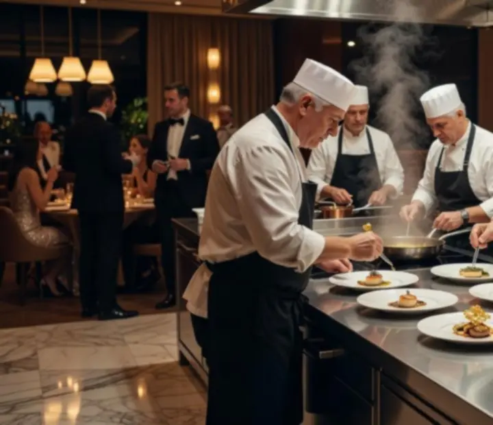 Le chef et sa brigade en cuisine ouverte