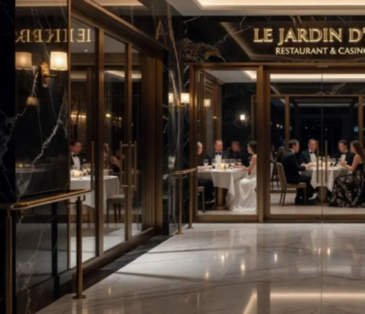 Entr&eacute;e du restaurant Francia Rouge dans le casino, baign&eacute;e d&rsquo;une lumi&egrave;re dor&eacute;e.