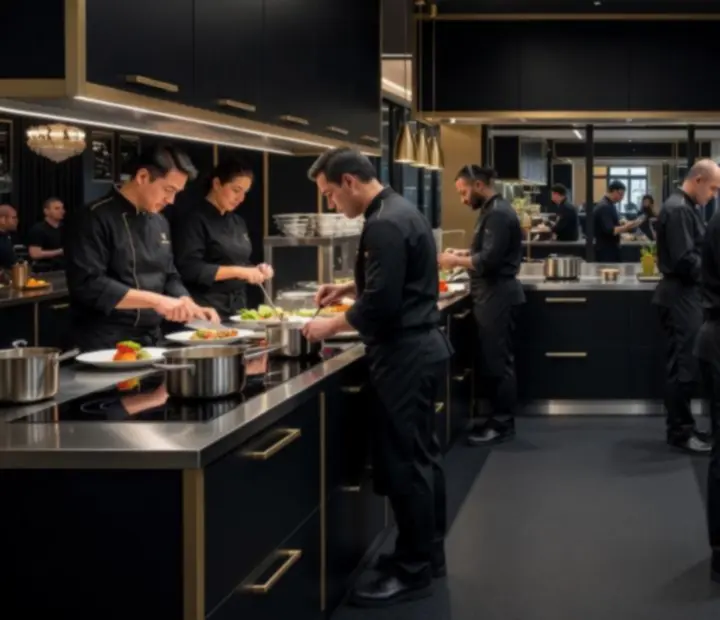 Brigade de cuisine de luxe en pleine préparation au restaurant Francia Rouge