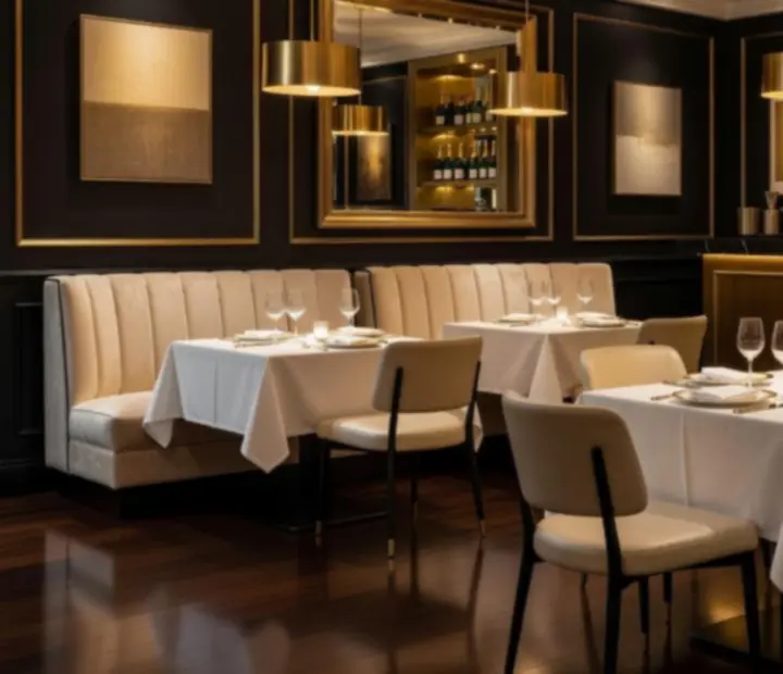 Intérieur du restaurant baigné de lumières chaudes et décor contemporain