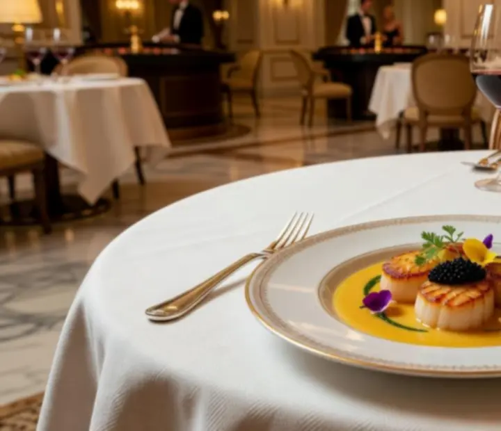 Assiette gastronomique signature présentée dans une lumière tamisée