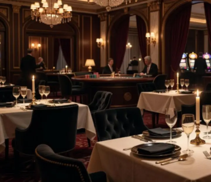 Salle à manger de restaurant gastronomique dans un casino, éclairage tamisé
