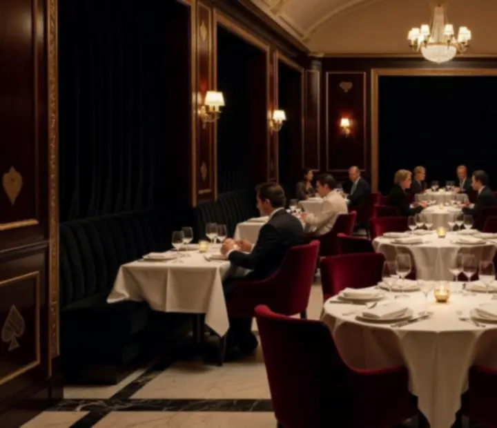 Salle de restaurant luxueuse en soir&eacute;e avec lumi&egrave;re dor&eacute;e.