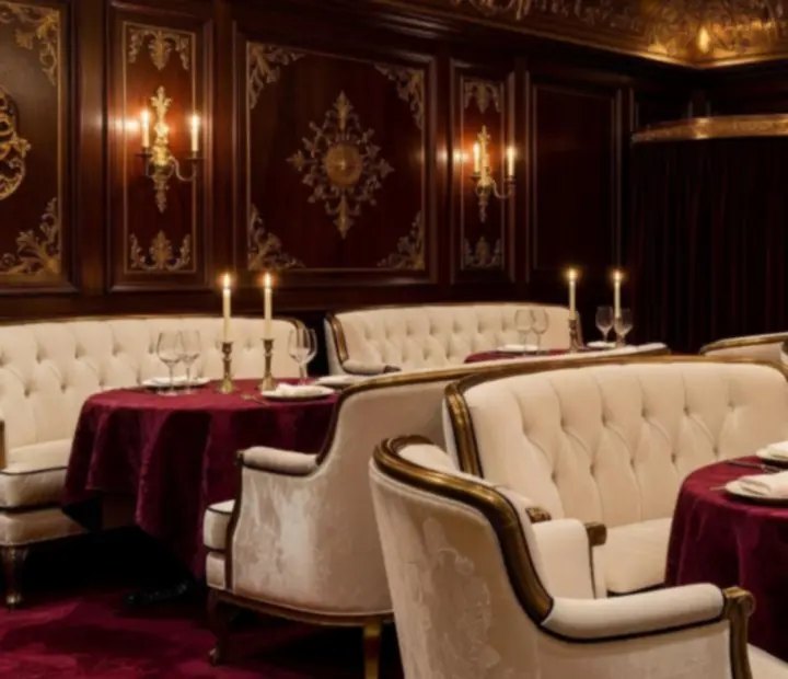 Intérieur élégant du salon VIP avec boiseries, velours et lumière tamisée.