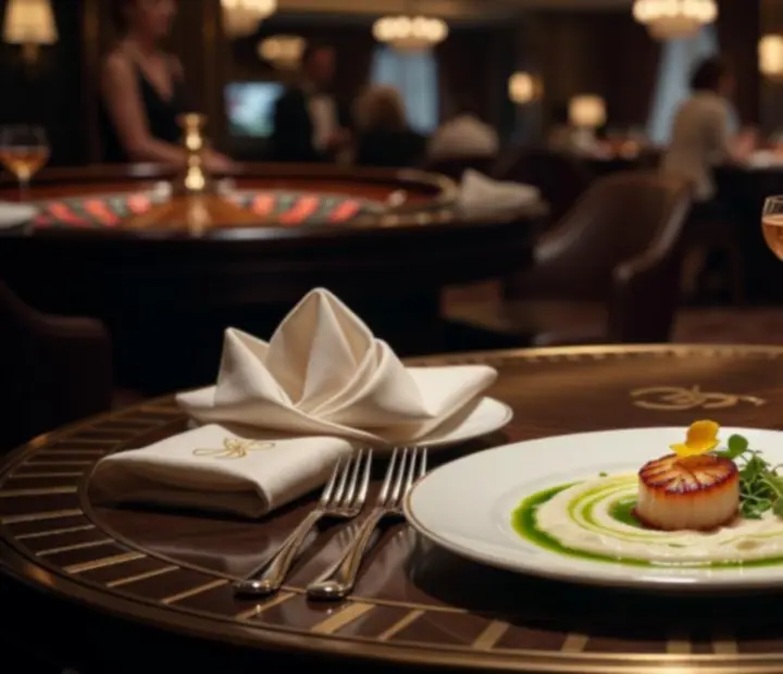 Mise en scène gastronomique avec assiettes raffinées et chandelles dans le salon VIP.